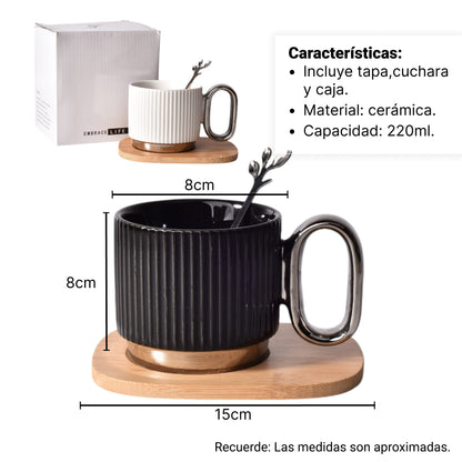 MUG POCILLO CERAMICA CON CUCHARA Y BASE MADERA