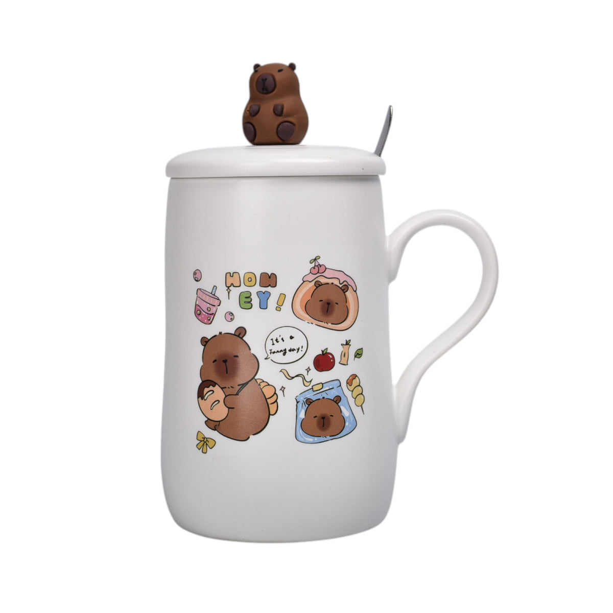 mug pocillo con tapa de ceramica 450ml capybara dim:7x7x12