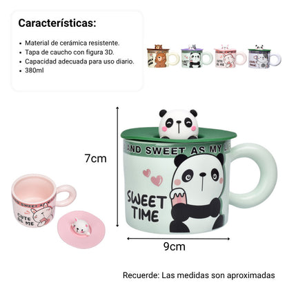 MUG POCILLO CERAMICA DISEÑOS DE GATOS CON TAPA DIM:9X9X7