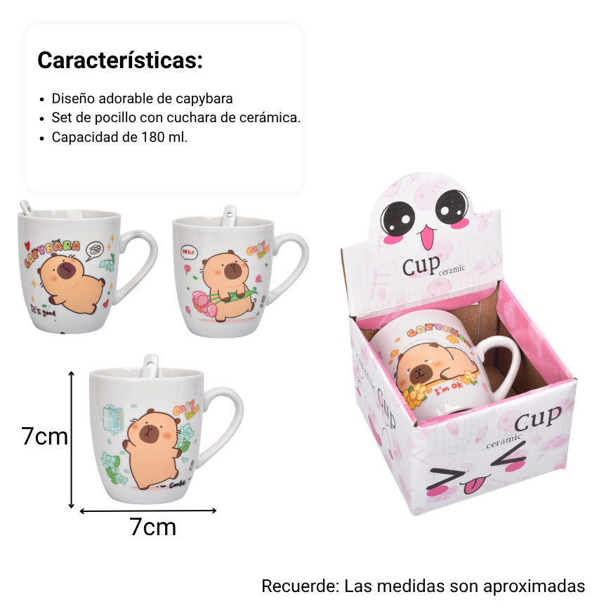 pocillo con cuchara ceramica 180ml diseño de capybara dim:8x7x7
