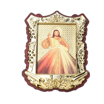 ADORNO DORADO CON IMAGEN CATOLICA PLASTICA DIM:10X13