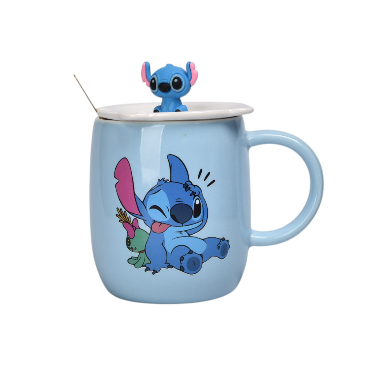mug pocillo con tapa ceramica y cuchara personaje 420ml