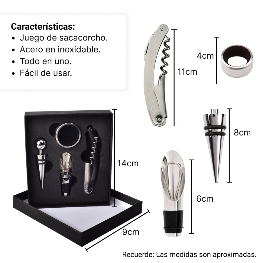 kit descorchador de vino por 4pcs acero inoxidable