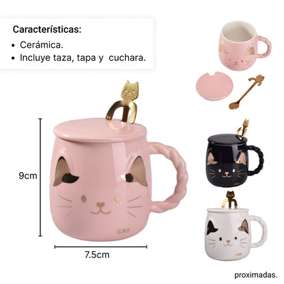 MUG POCILLO GATO CON CUCHARA CERAMICA