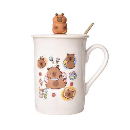 MUG POCILLO CON TAPA CUCHARA CERAMICA DISEÑOS CAPYBARA 360ML