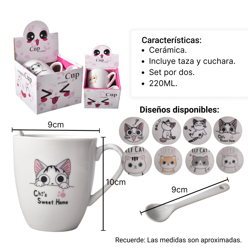 mug  pocillo con cuchara en ceramica diseño de gatos
