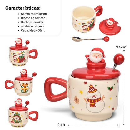 MUG POCILLO CERAMICA CON TAPA Y CUCHARA 400ML