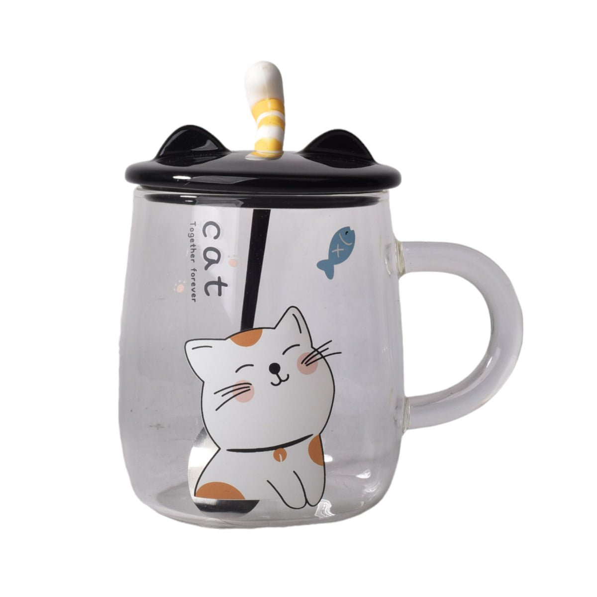 pocillo vidrio ceramica con tapa y cuchara diseños de gatos