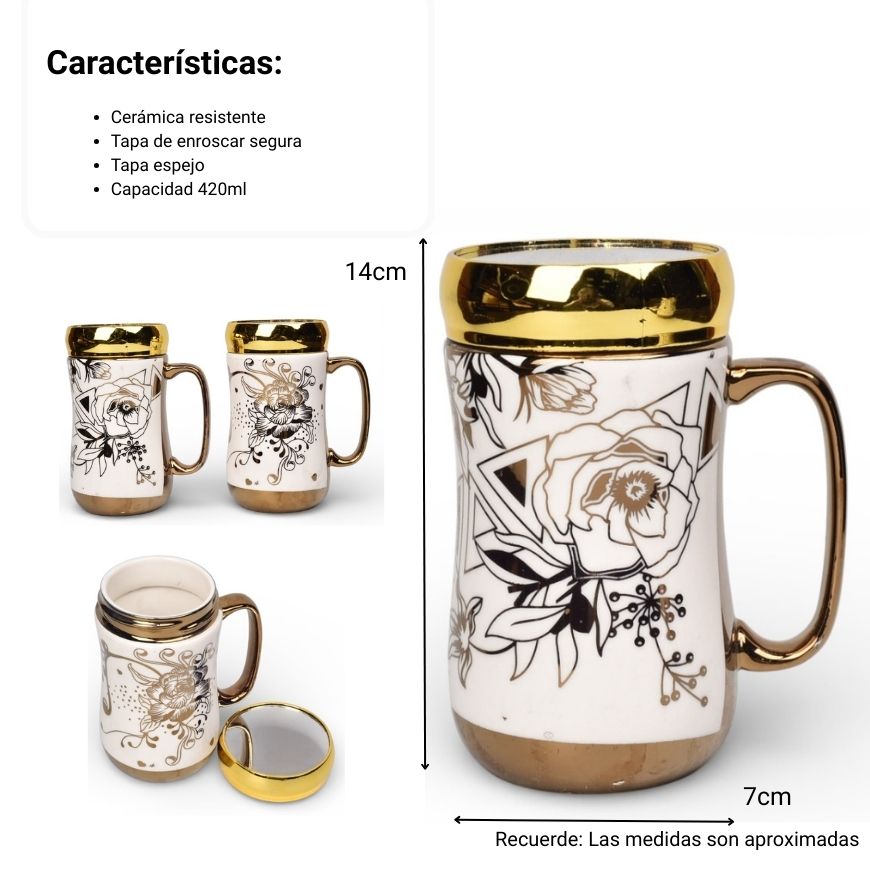 mug pocillo ceramica dorado tapa espejo 420ml dim:7x7x14