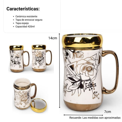 MUG POCILLO CERAMICA DORADO TAPA ESPEJO 420ML DIM:7X7X14