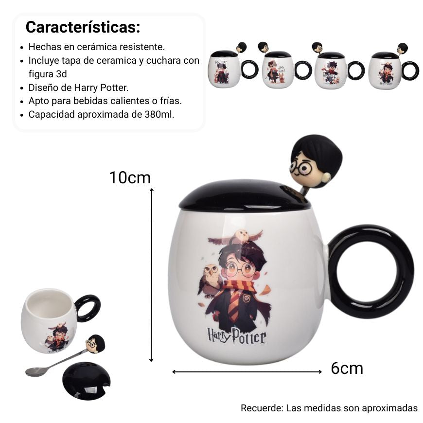 mug pocillo con tapa ceramica personaje 380ml dim:10x6