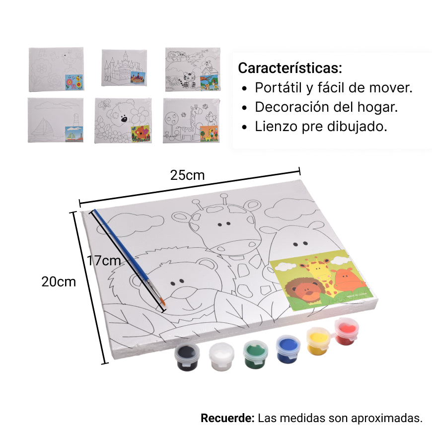 set lienzo cuadrado animales madera+fibra con temperas dim:2