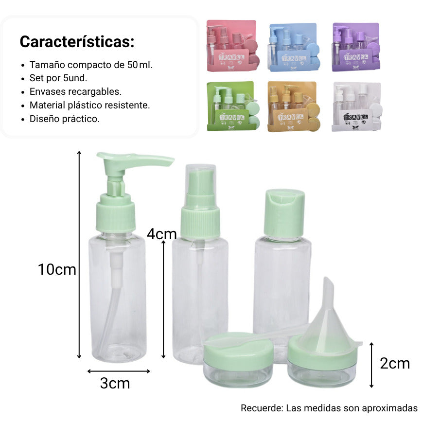 kit 6 envases recargables viajero plastico 50ml dim:15x16x3