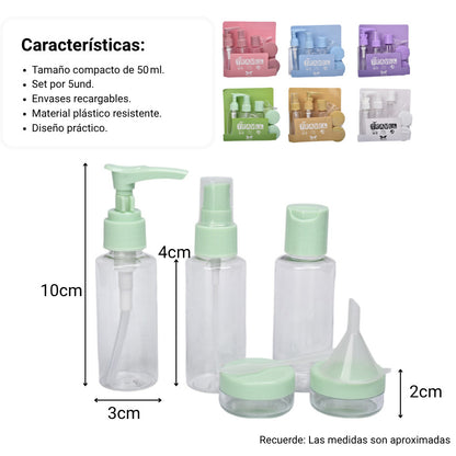 KIT 6 ENVASES RECARGABLES VIAJERO PLASTICO 50ML DIM:15X16X3