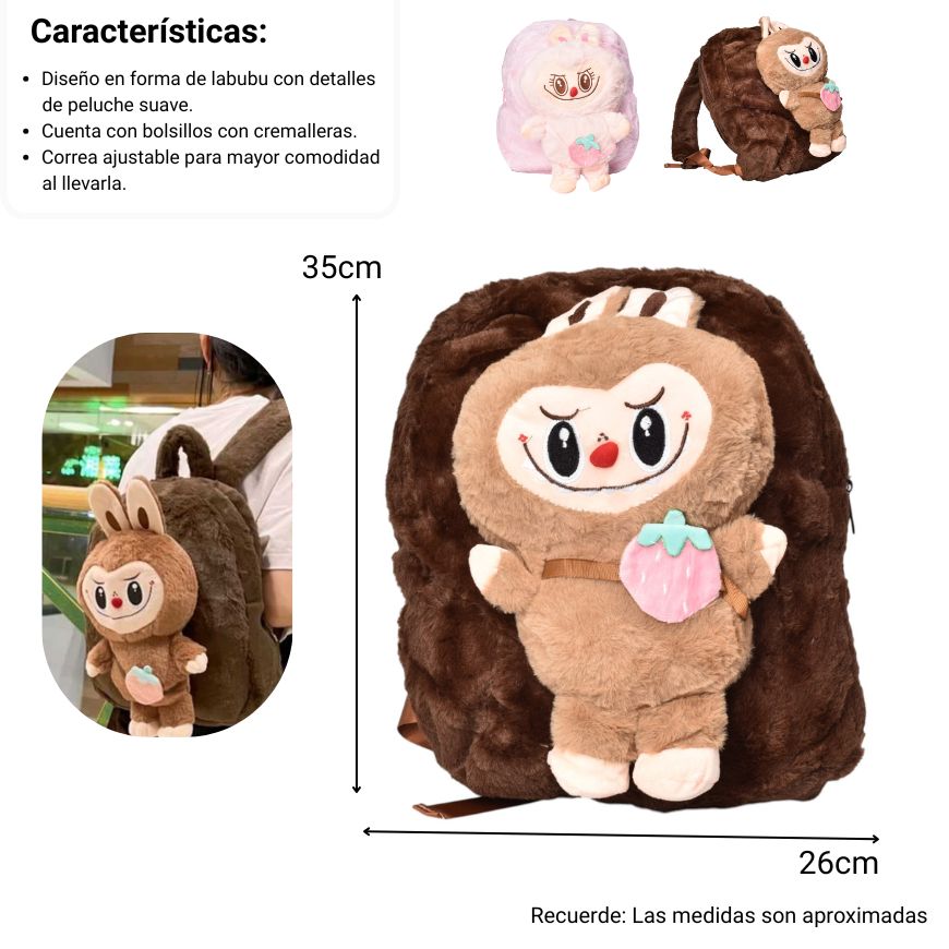 maleta morral personaje labubu pequeño infantil poliester dim:35x26x8