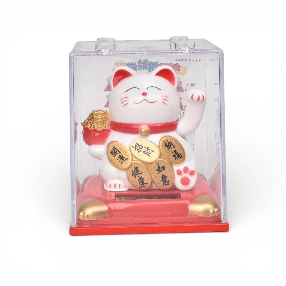 gato de la suerte solar plastico color dorado blanco dim:8x8x9