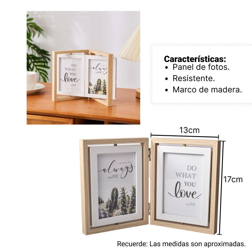 portaretrato doble con vidrio y marco mdf color gris y beige