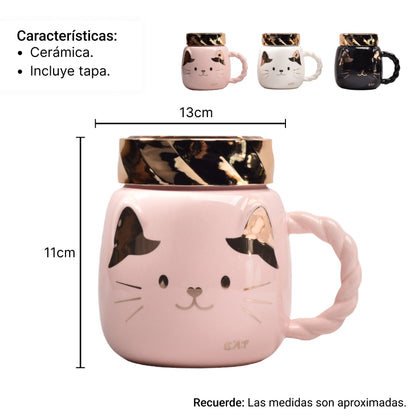 MUG POCILLO DE GATO CON TAPA CERAMICA