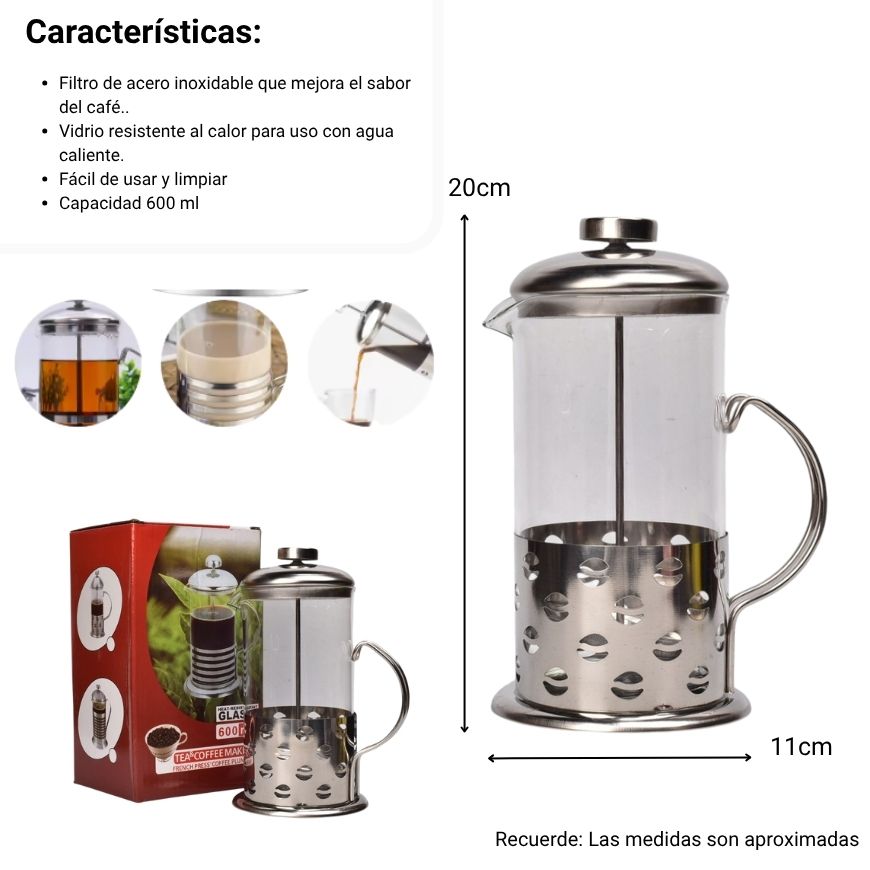 cafetera prensa francesa acero y vidrio dim:10x10x20