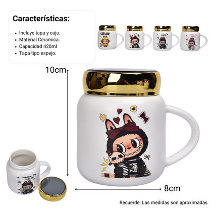 MUG POCILLO CERAMICA PERSONAJE CON TAPA ESPEJO DE 420ML