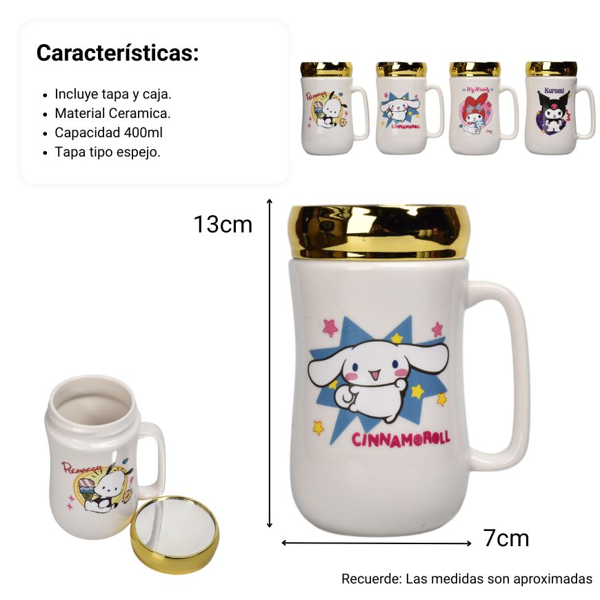 mug pocillo ceramica con tapa espejo personaje 400ml dim:7x7x13