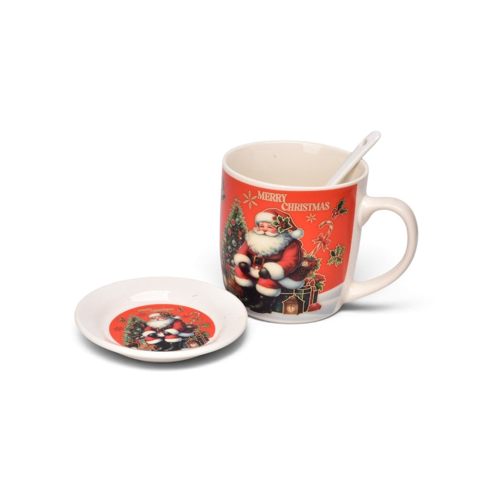 set 3pcs mug pocillo plato ceramica navideño 350ml
