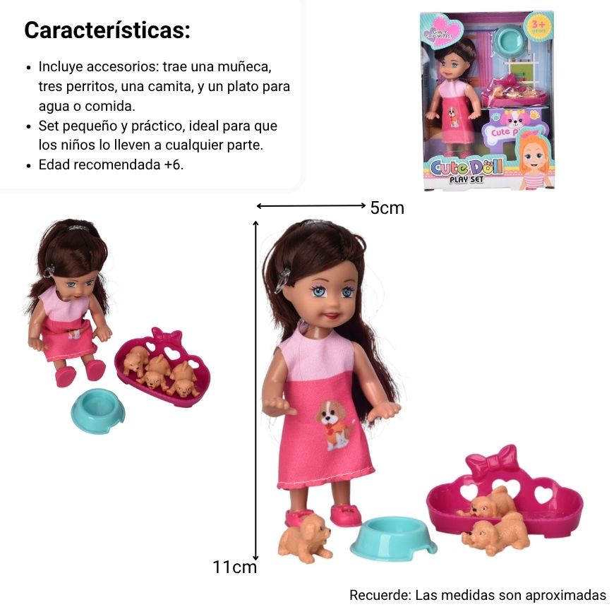 juguete muñecas pequeña plastico con accesorios dim:12x4x16