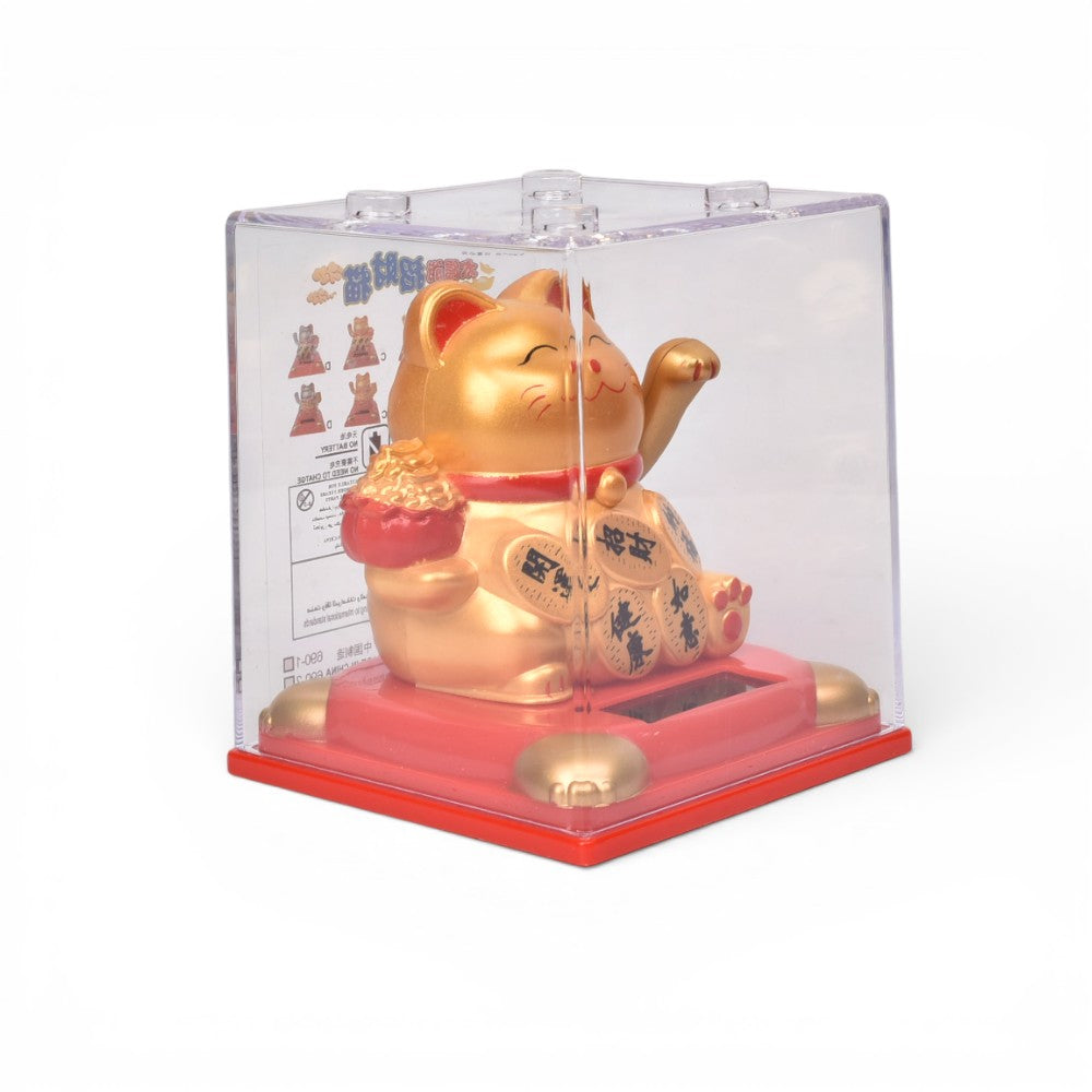 gato de la suerte solar plastico color dorado blanco dim:8x8x9