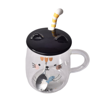POCILLO VIDRIO CERAMICA CON TAPA Y CUCHARA DISEÑOS DE GATOS