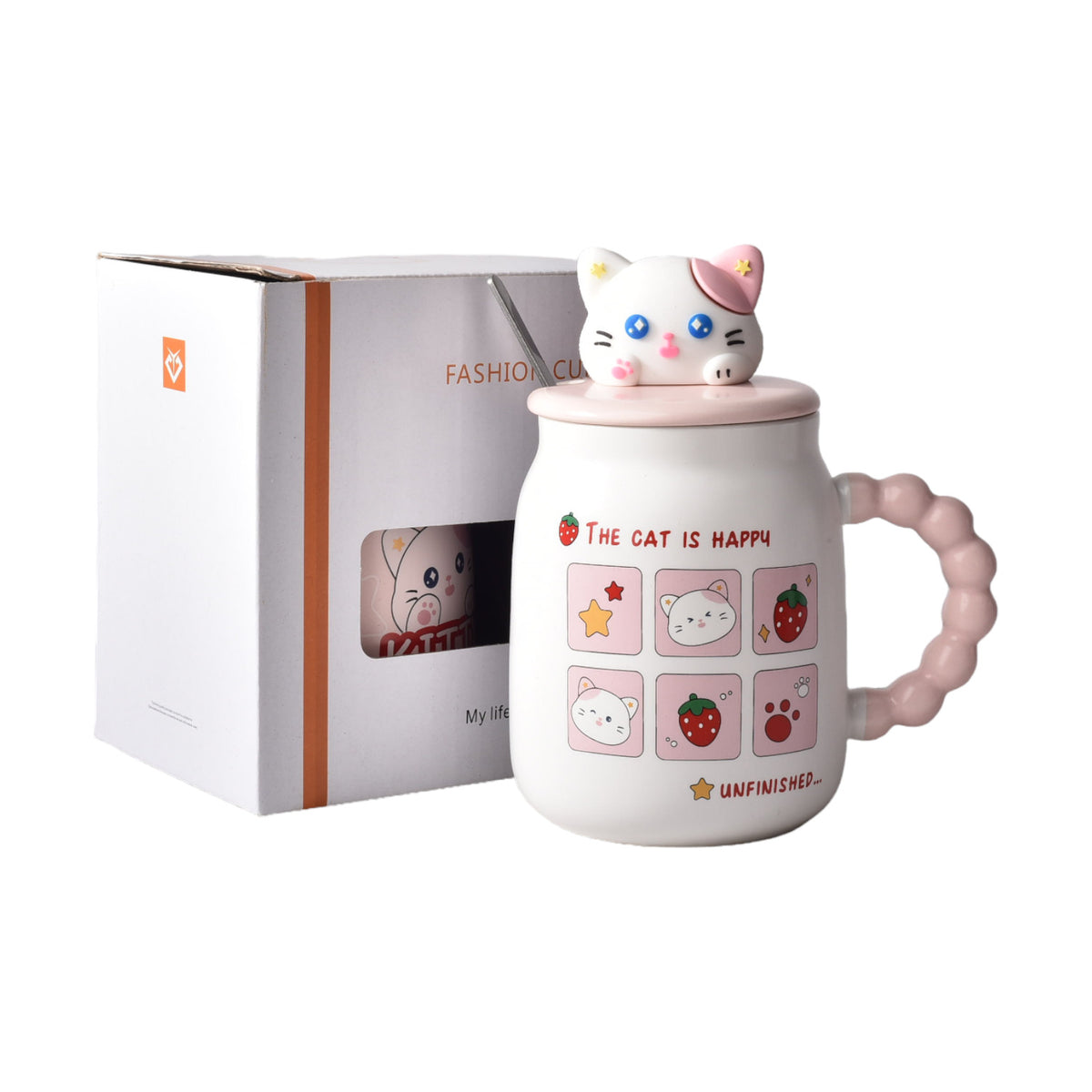 mug pocillo con tapa y cuchara ceramica diseños gatos 420ml
