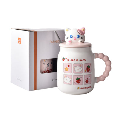 MUG POCILLO CON TAPA Y CUCHARA CERAMICA DISEÑOS GATOS 420ML