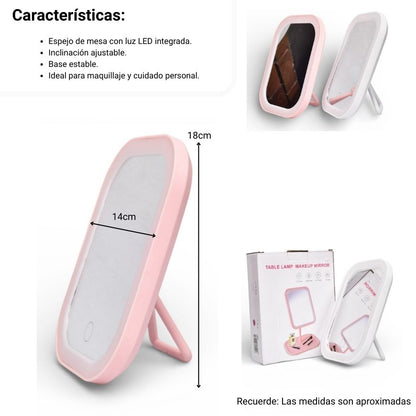 ESPEJO RECARGABLE CON LUZ  Y SOPORTE PLASTICO DIM:14X18X2