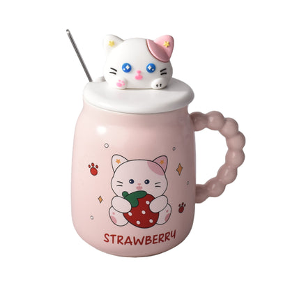 MUG POCILLO CON TAPA Y CUCHARA CERAMICA DISEÑOS GATOS 420ML