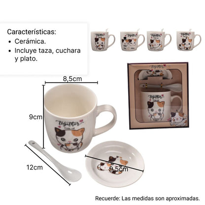POCILLO CON PLATO Y CUCHARA EN CERAMICA GATOS DIM: 16x18x9