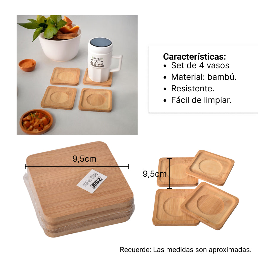 set 4 unidades portavasos cuadrados en bambu de color madera
