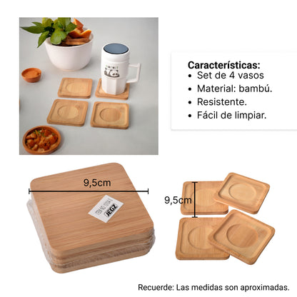 SET 4 UNIDADES PORTAVASOS CUADRADOS EN BAMBU DE COLOR MADERA
