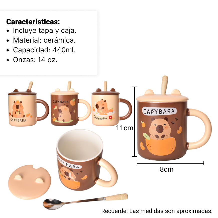 mug pocillo con tapa cuchara ceramica diseños capybara 450ml