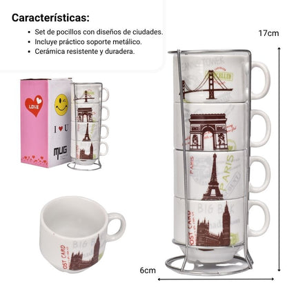 POCILLO SET 4PCS CERAMICA CON BASE DIM:7X17CM