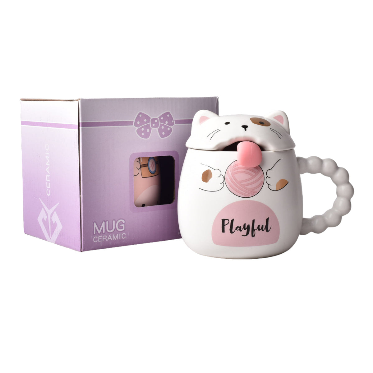 mug pocillo con tapa  cuchara ceramica diseños gatos 360ml