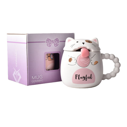 MUG POCILLO CON TAPA  CUCHARA CERAMICA DISEÑOS GATOS 360ML