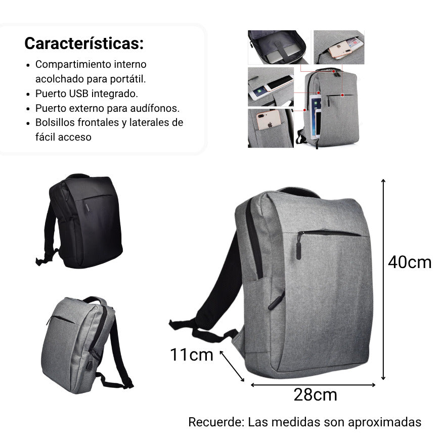 maleta morral poliester negro y gris dim:40x28x11