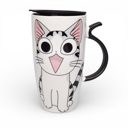 MUG POCILLO CERAMICA DISEÑOS GATOS CON TAPA DE 550ML