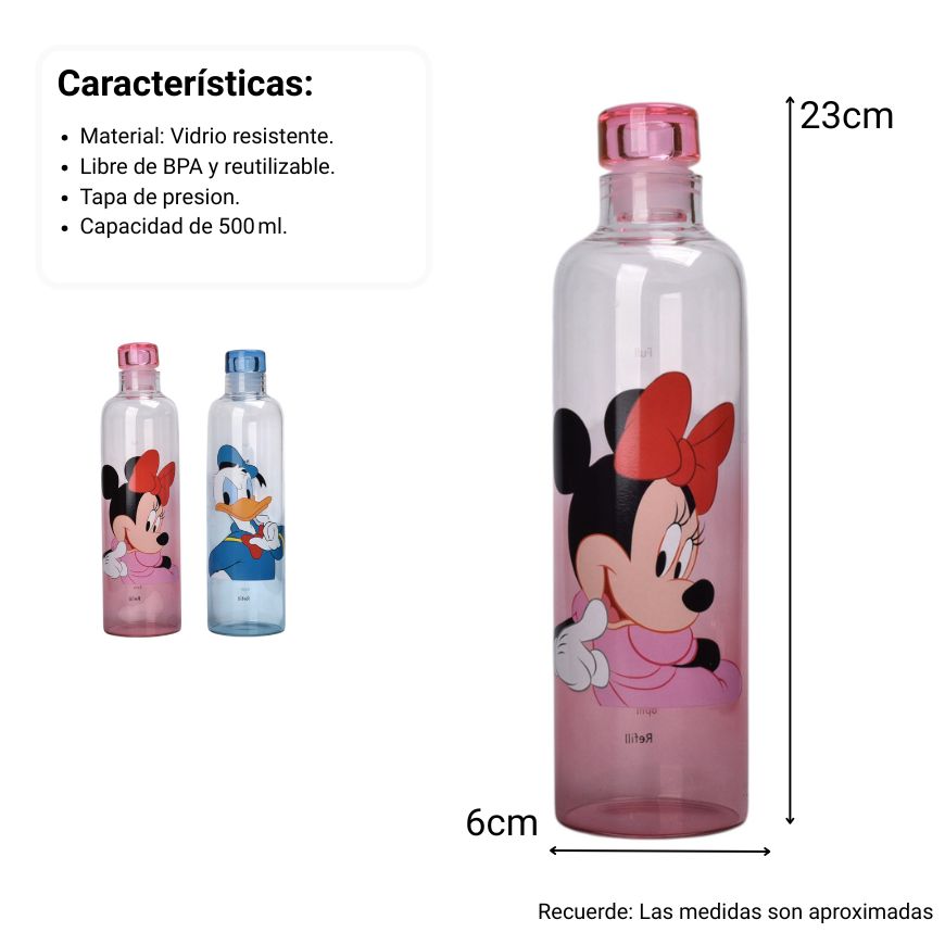botella de vidrio 500ml personaje azul y rosado dim:23x6