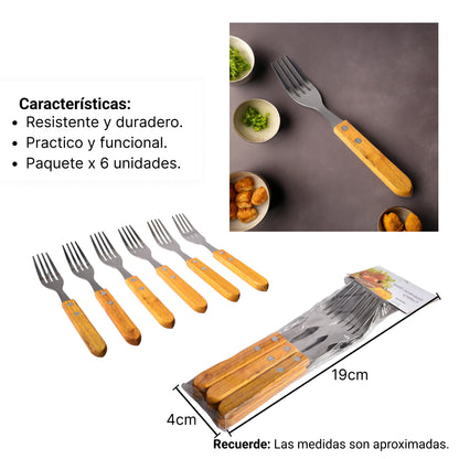 PAQUETE X6 UND TENEDOR EN ACERO INOXIDABLE CON MANGO MADERA