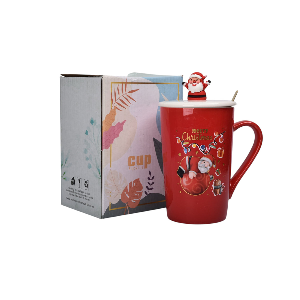 mug pocillo con tapa y  cuchara de ceramica navidad 420ml dim:8x8x12