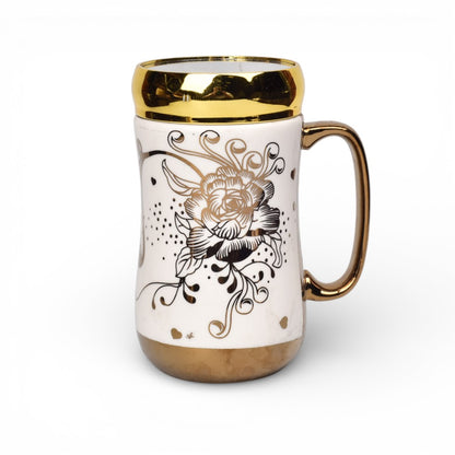 MUG POCILLO CERAMICA DORADO TAPA ESPEJO 420ML DIM:7X7X14