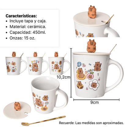MUG POCILLO CON TAPA CUCHARA CERAMICA DISEÑOS CAPYBARA 450ML