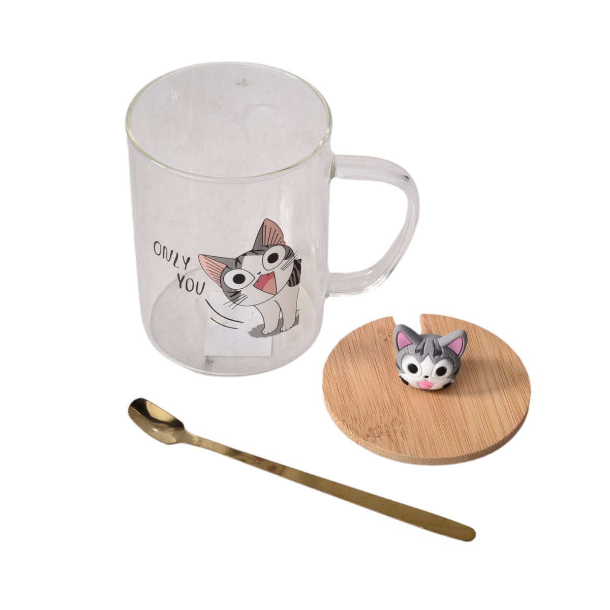 mug pocillo transparente diseño de gatos en vidrio con tapa