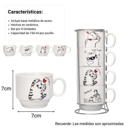 SET 4PCS POCILLOS CON BASE CERAMICA 150ML DISEÑO GATOS DIM:7X6X7