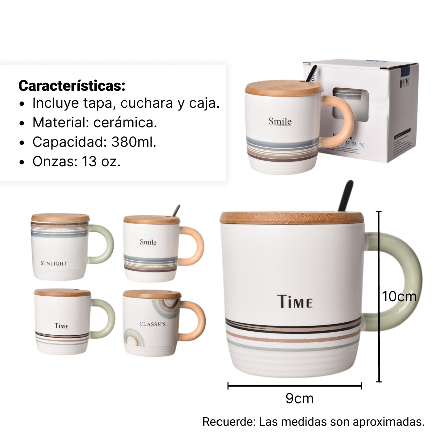 mug pocillo ceramica con tapa de madera 380ml dim:9*9*10